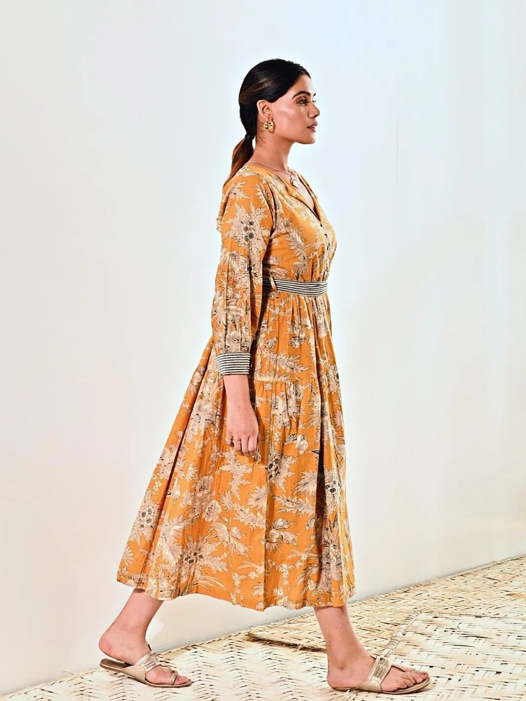 Yellow Cotton Floral Print Maxi Long Dress with Belt
