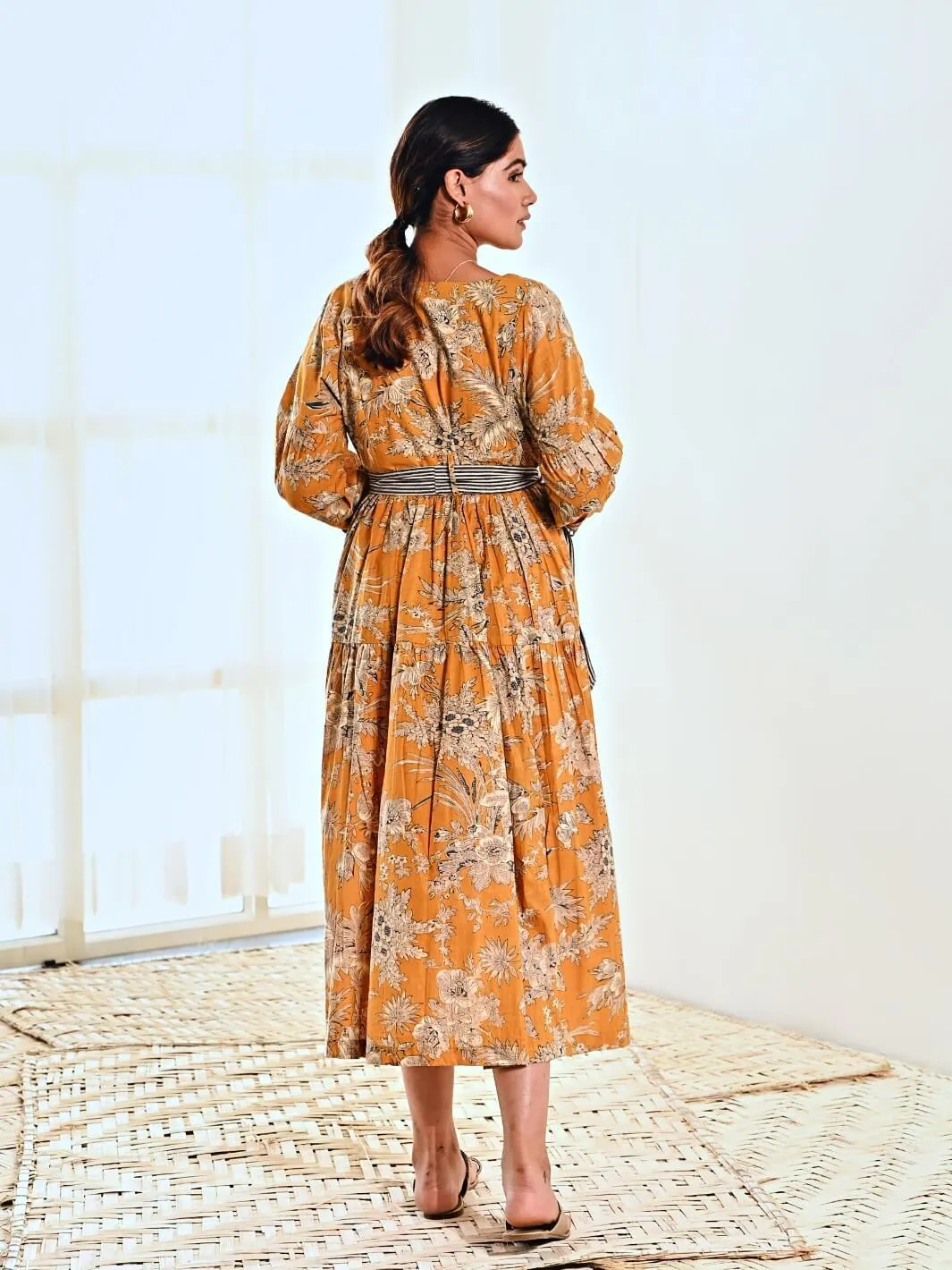Yellow Cotton Floral Print Maxi Long Dress with Belt