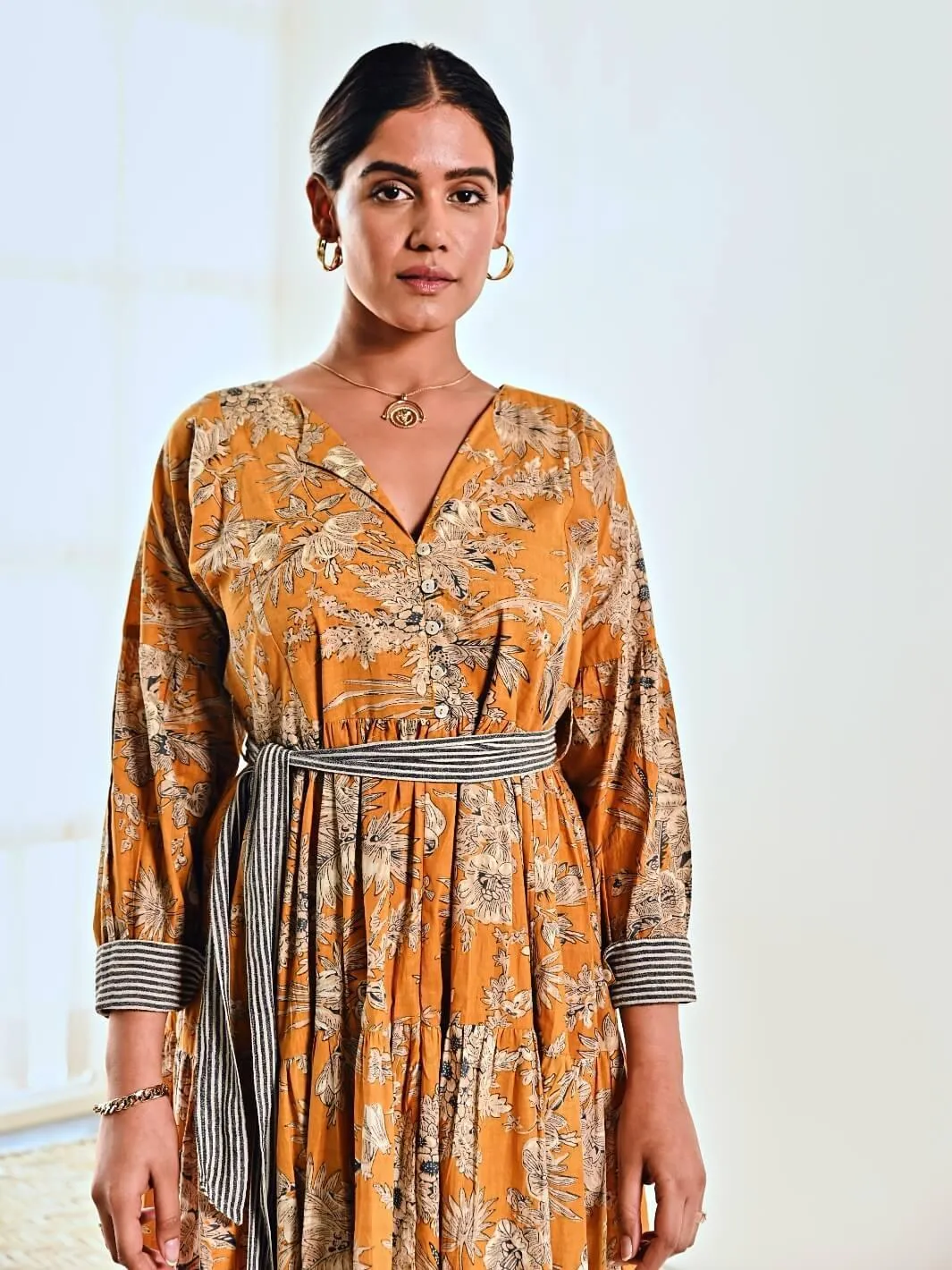 Yellow Cotton Floral Print Maxi Long Dress with Belt