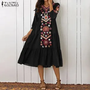ZANZEA Summer Bohemian Dress Women 3/4 Sleeve V Neck Midi Dress Ladies Floral Printed Beach Sundress Female Vestidos 3XL S1307687