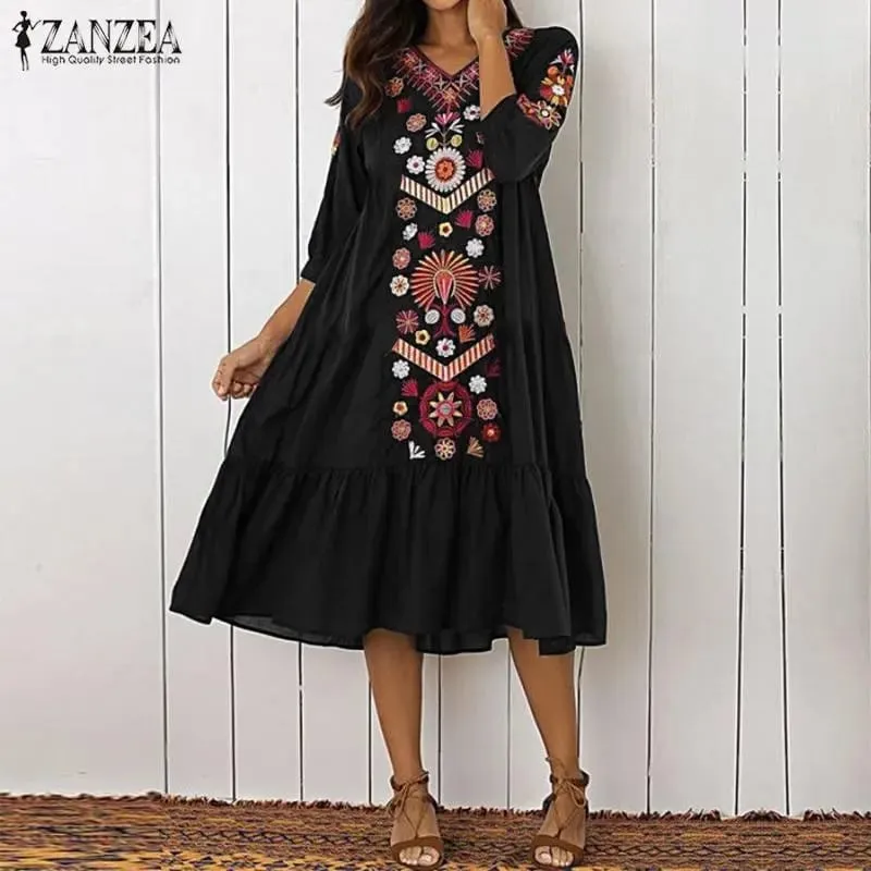 ZANZEA Summer Bohemian Dress Women 3/4 Sleeve V Neck Midi Dress Ladies Floral Printed Beach Sundress Female Vestidos 3XL S1307687