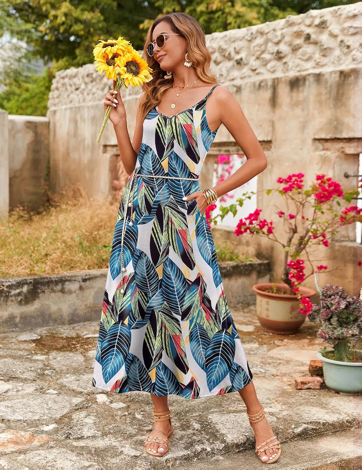 Zeagoo Womens Maxi Dress Spaghetti Strap Casual Printed Dress