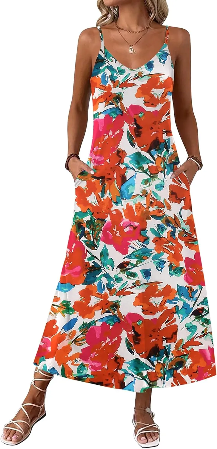 Zeagoo Womens Maxi Dress Spaghetti Strap Casual Printed Dress