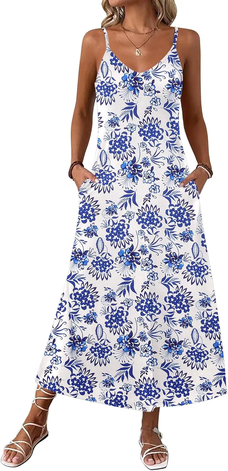 Zeagoo Womens Maxi Dress Spaghetti Strap Casual Printed Dress