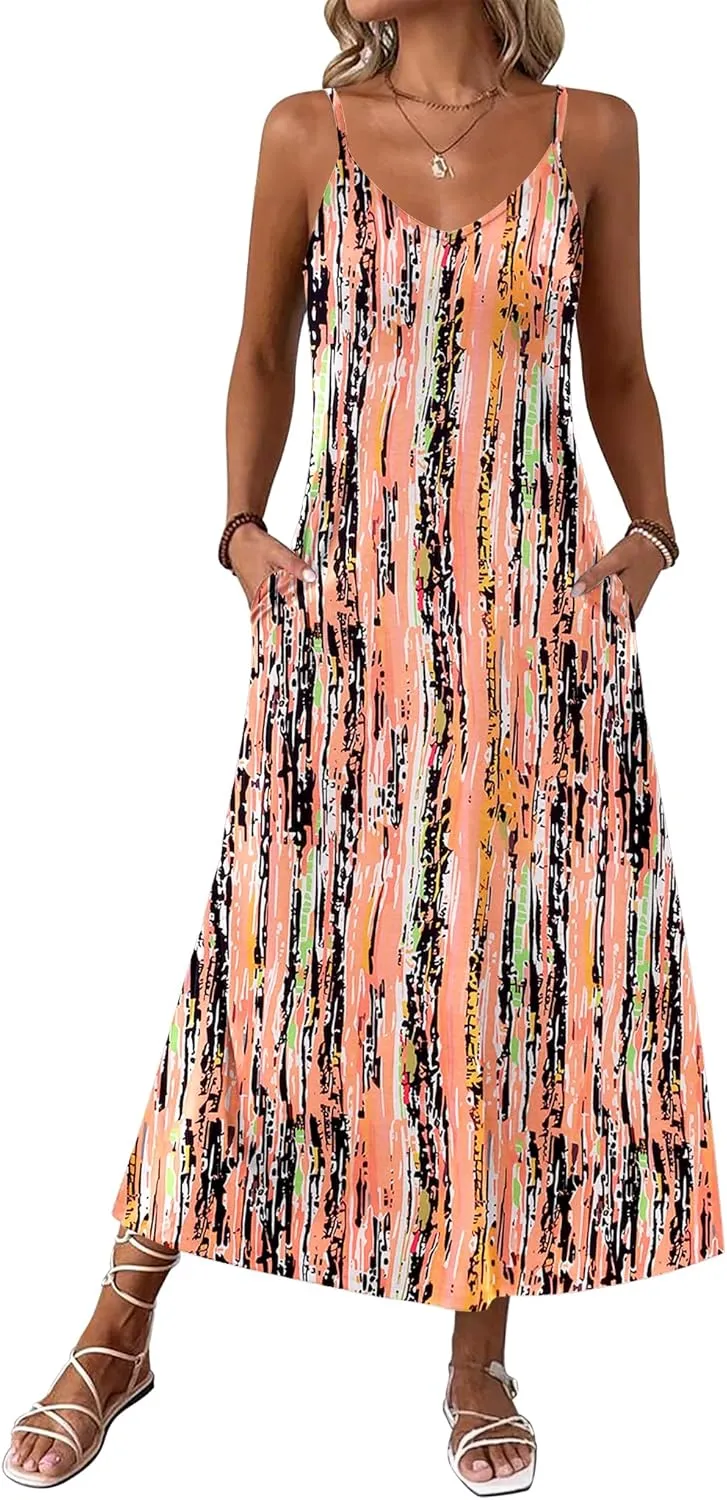 Zeagoo Womens Maxi Dress Spaghetti Strap Casual Printed Dress
