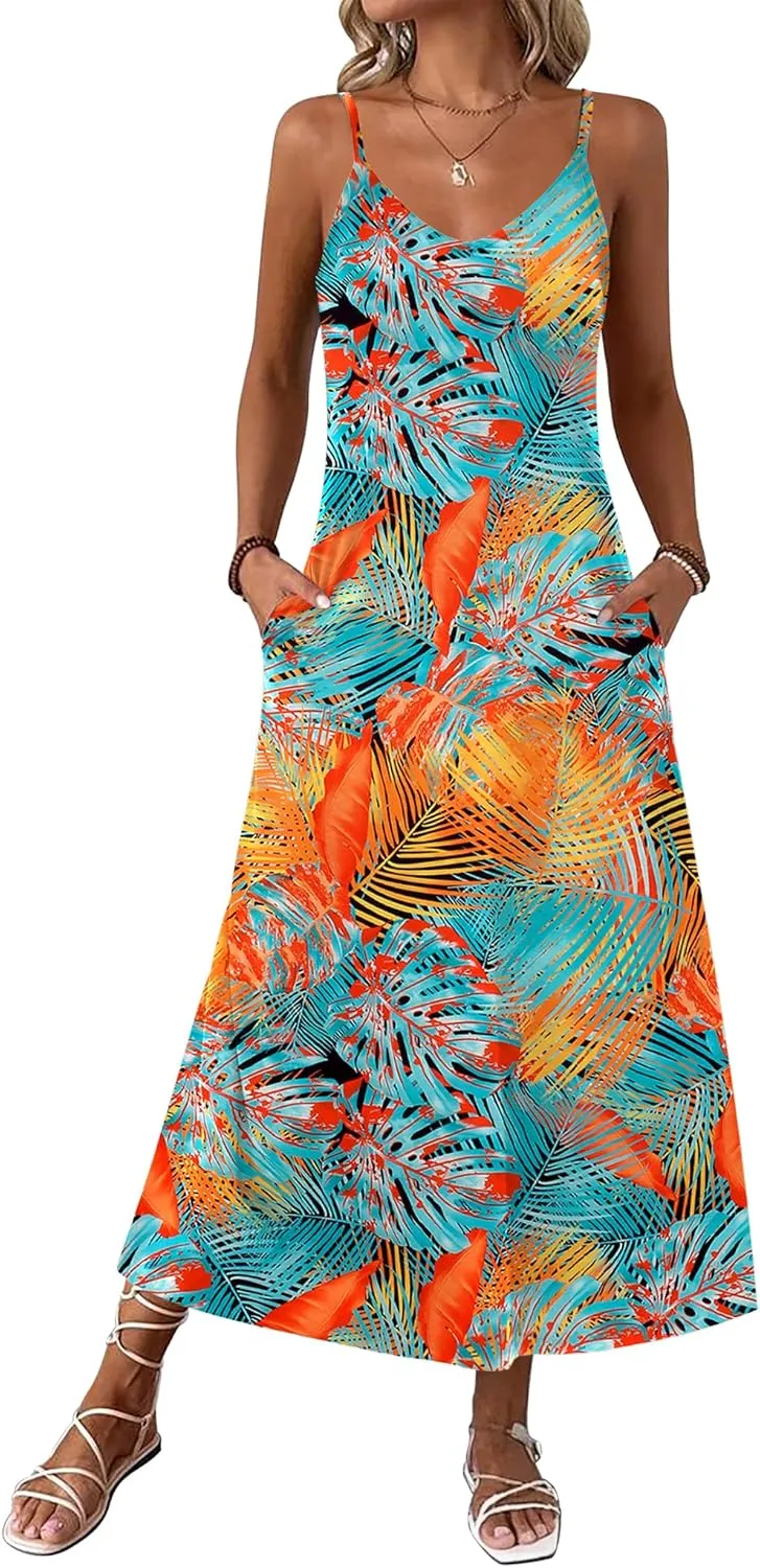 Zeagoo Womens Maxi Dress Spaghetti Strap Casual Printed Dress