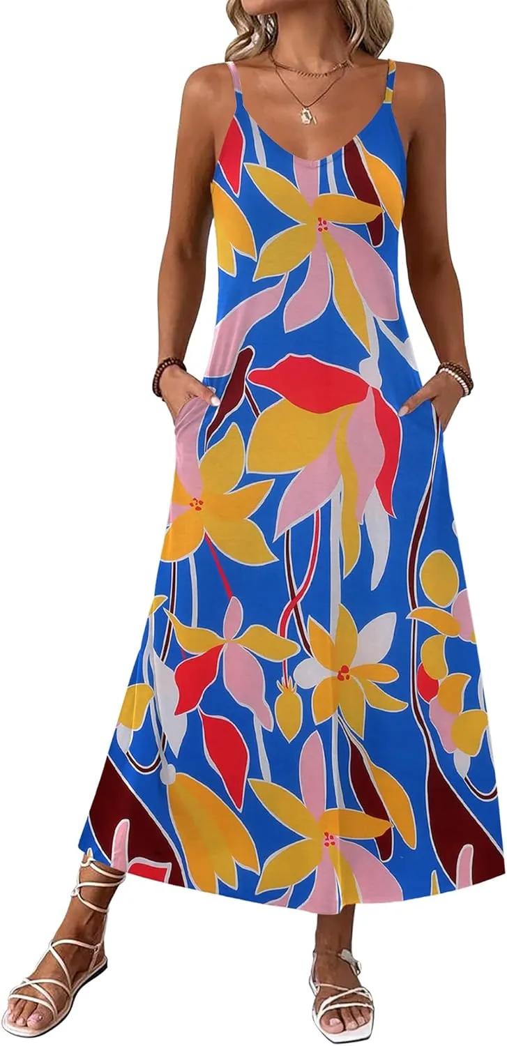 Zeagoo Womens Maxi Dress Spaghetti Strap Casual Printed Dress