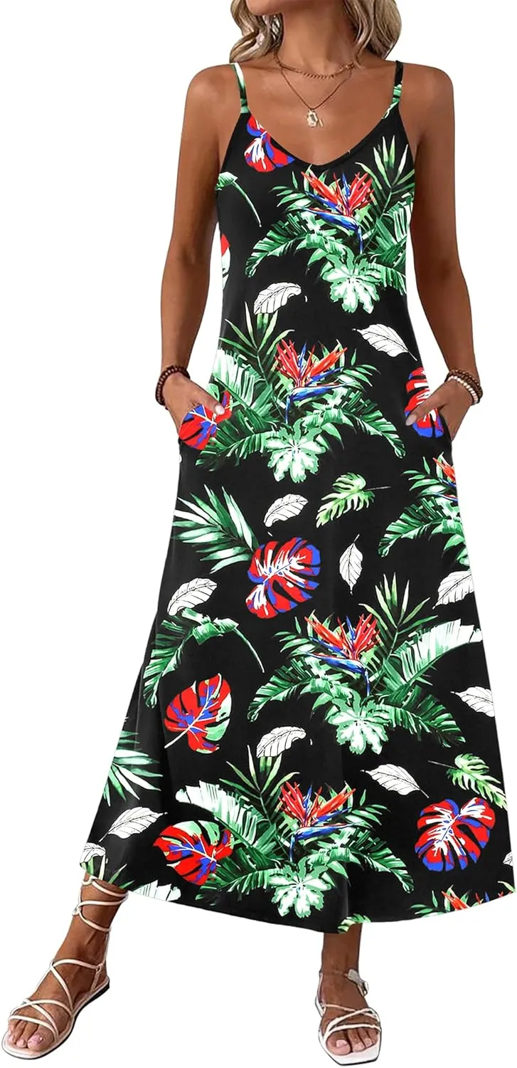 Zeagoo Womens Maxi Dress Spaghetti Strap Casual Printed Dress