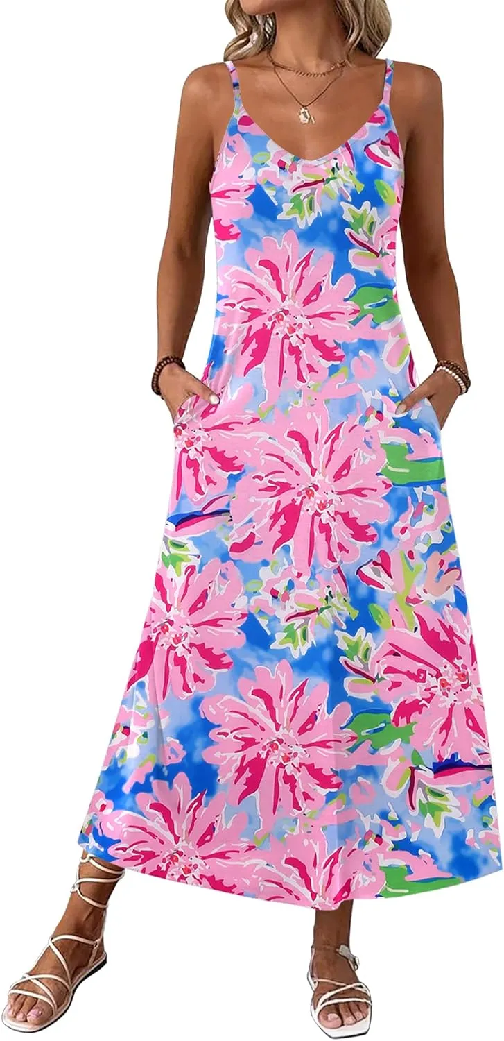 Zeagoo Womens Maxi Dress Spaghetti Strap Casual Printed Dress