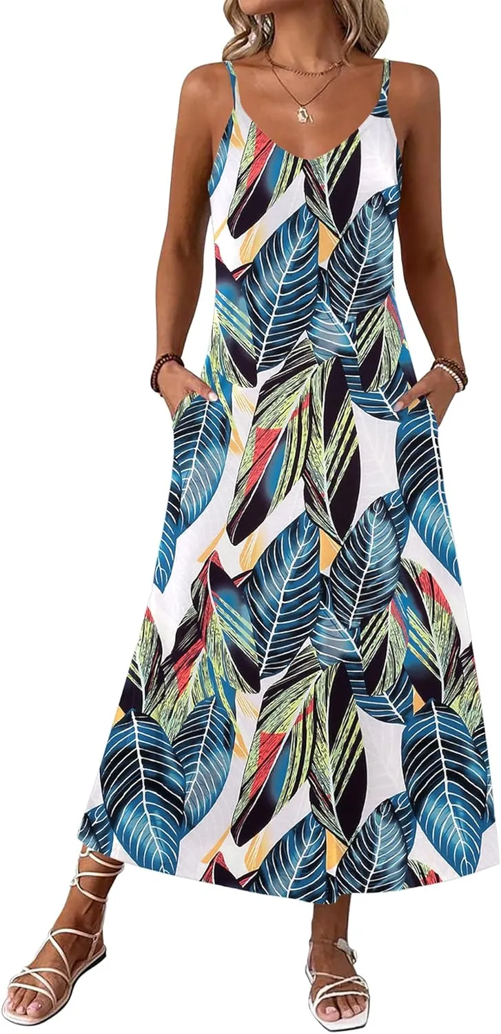Zeagoo Womens Maxi Dress Spaghetti Strap Casual Printed Dress