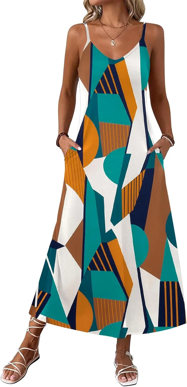 Zeagoo Womens Maxi Dress Spaghetti Strap Casual Printed Dress