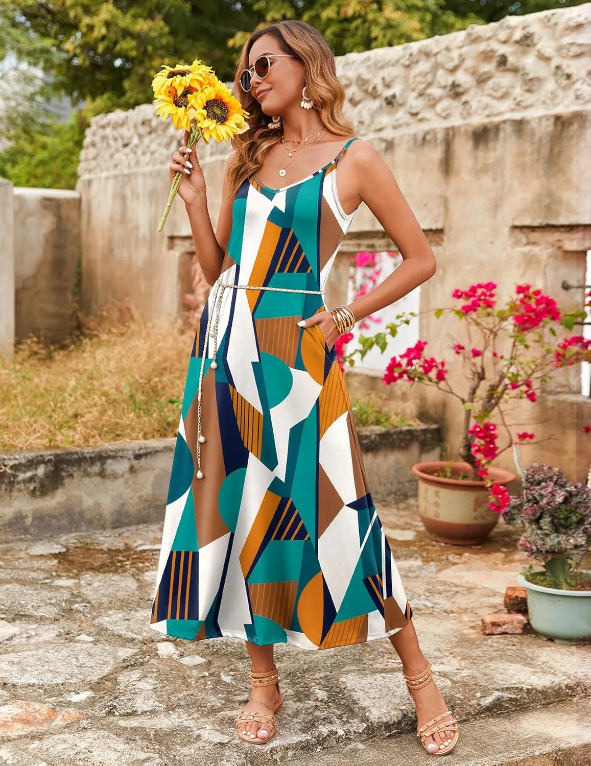 Zeagoo Womens Maxi Dress Spaghetti Strap Casual Printed Dress